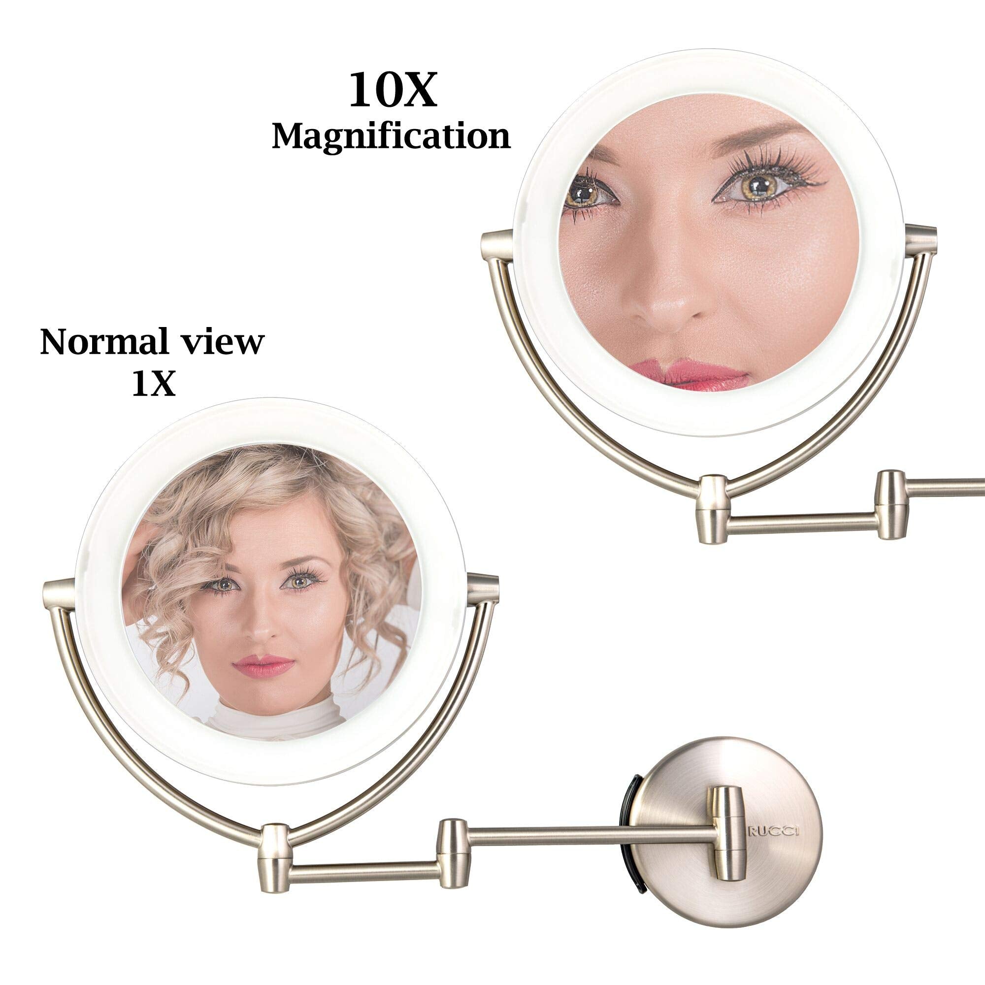 Wall Mount LED Lighted Makeup Mirror, AC Adapter, Battery Operated, 1x/10 Magnification, 3 Touch Tones 17.5ââ‚¬Â Extended by Rucci