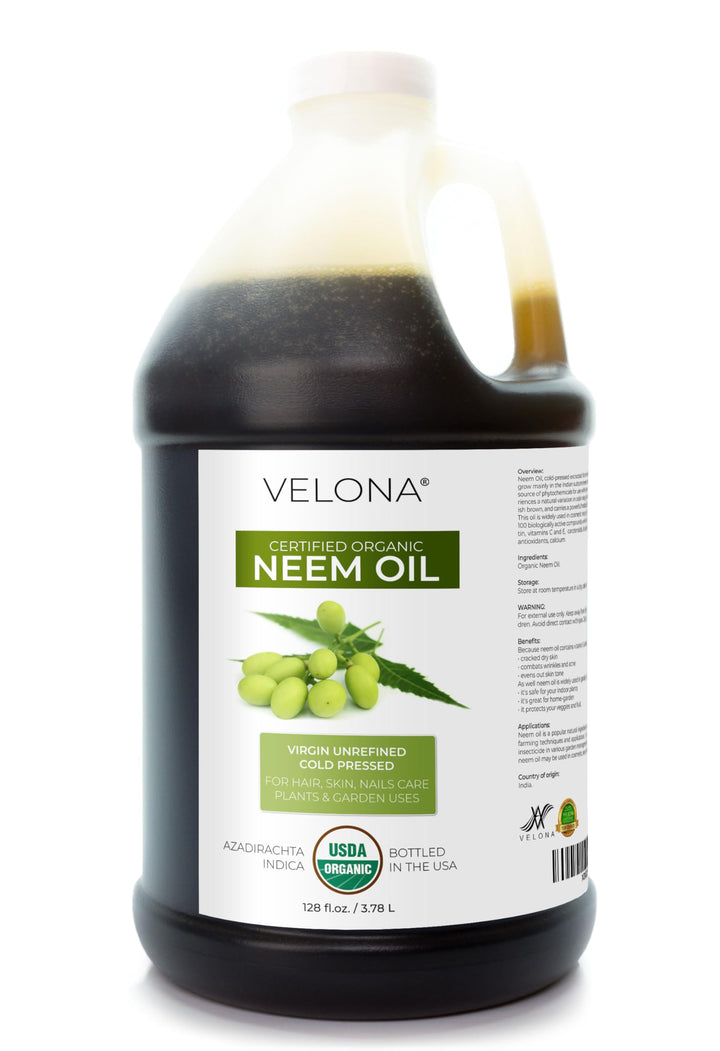 velona Neem Oil USDA Certified Organic - 1 Gallon / 128 Fl Oz | 100% Pure and Natural Carrier Oil | Virgin, Unrefined, Cold Pressed | Hair, Body and Skin Care | Use Today - Enjoy Results