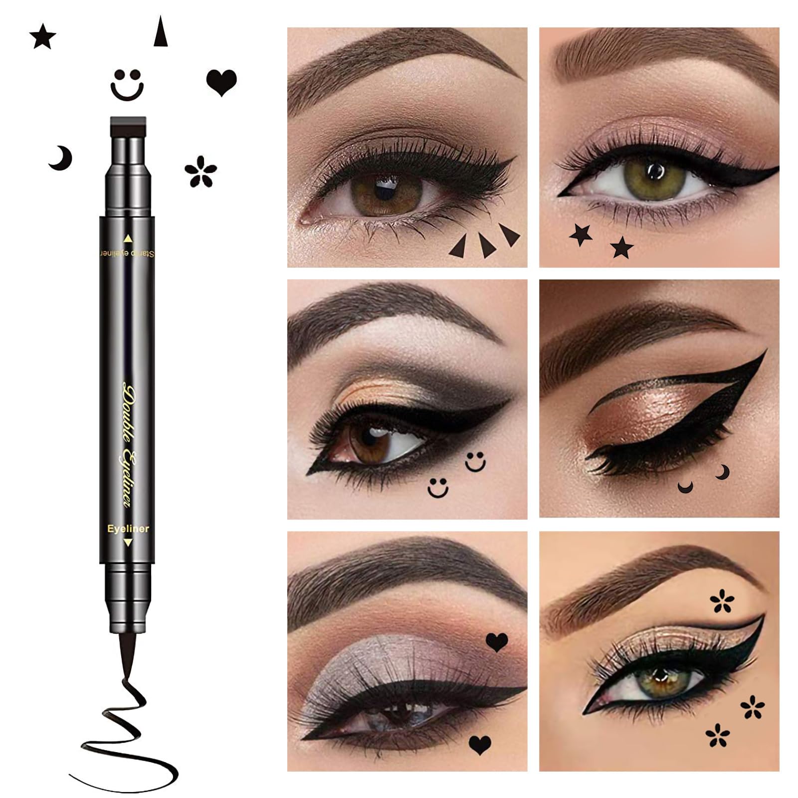 LOKFAR 6 Pcs Double-Side Liquid Eyeliner Stamp Pen Set, Eye Liners for Women Waterproof Eyeliner Pencil Black Eye-liner Stencils Long-Lasting Tattoo Makeup-Triangle,Star,Moon,Heart,Flower,Smiley