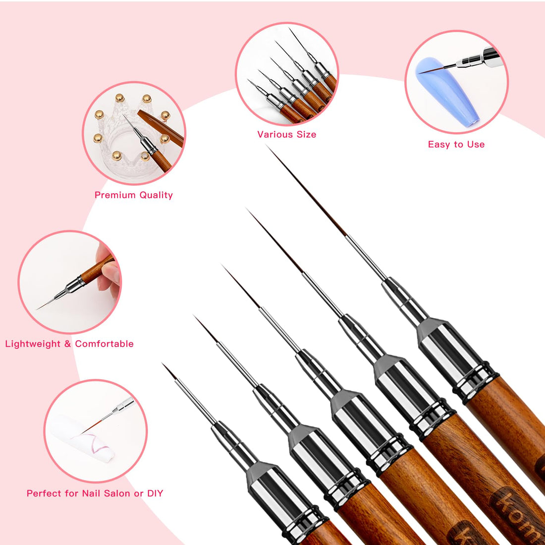 Komall Nail Art Brushes, 5Pcs Wooden Handle Liner Brush Set, UV Gel Polish Painting Art Design Pen for Long Lines, Thin Details, Fine Drawing Sizes 4/8/12/20/25mm(Natural)
