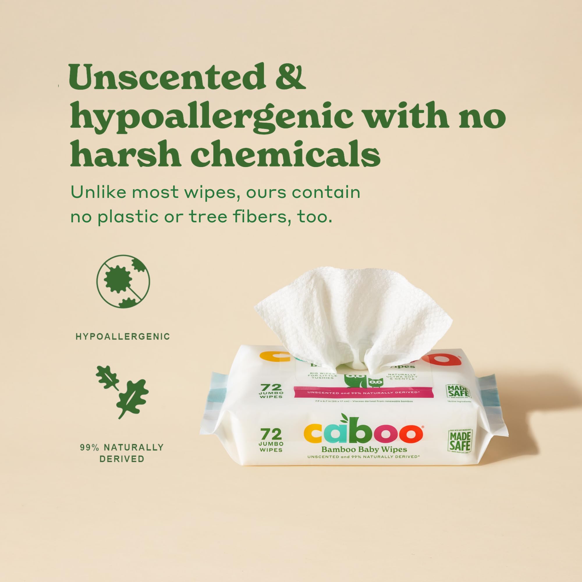 Caboo Baby Wipes, Made with Bamboo Viscose, Certified Made Safe Ingredients, Unscented Baby Wipes Good for Sensitive Skin, 72 Wipes Per Travel Pack, Total of 216 Wet Wipes