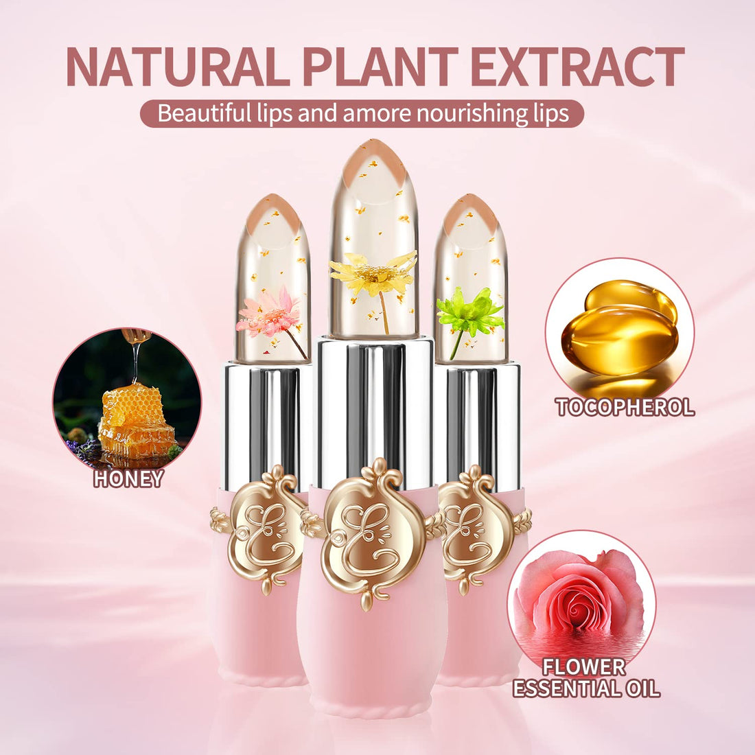3 Pcs/Set Flower Jelly Lipstick Set Temperature Change Moisturizer Long Lasting Nutritious Balm Magic Color Change Lip Gloss (Flower Jelly Lipstick 040506)