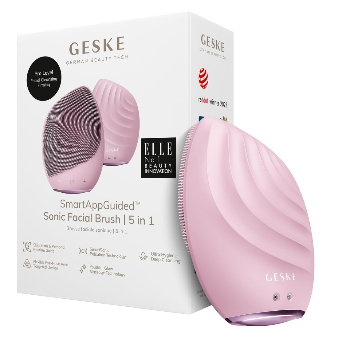 GESKE SmartAppGuided™ Sonic Facial Brush 5 in 1 | Vibrating Electric Facial Cleansing Brush | Soft Silicone Brush | Professional Facial Cleanser | Skin Cleanser & Exfoliator | Face Massager