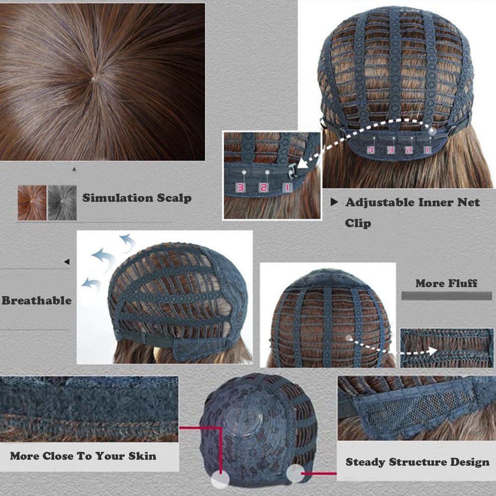 BERON 27.5' Fashion Women Girls Long Curly Wavy Synthetic Wig with Air Bangs Wig Cap Included (Linen Gold)