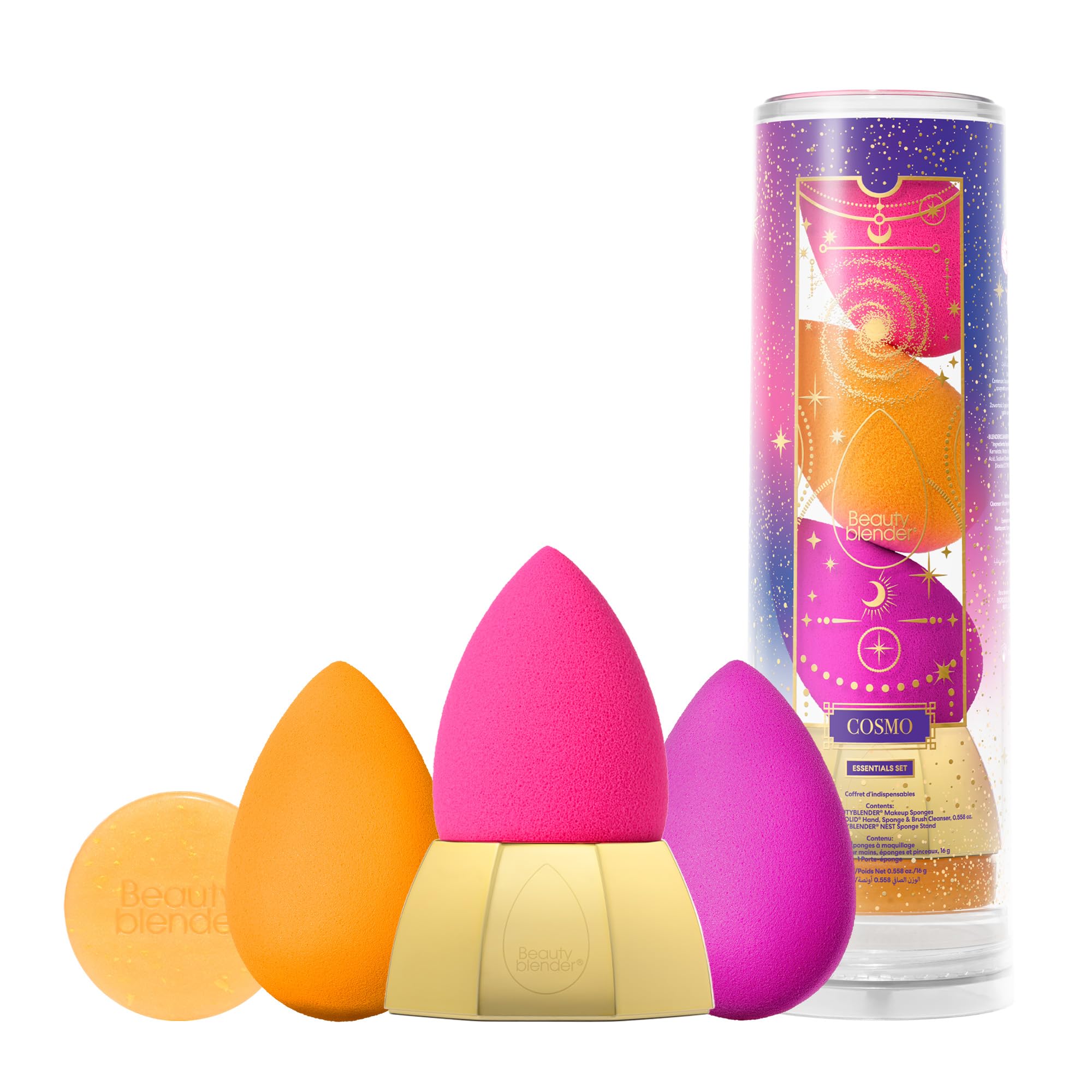 Beautyblender® | Cosmo Beauty Blender 5-Piece Essentials Set - 3 Makeup Sponges, 1 Sponge & Brush Cleanser, Nest Stand, Professional Application, Vegan & Cruelty Free, Made in the USA