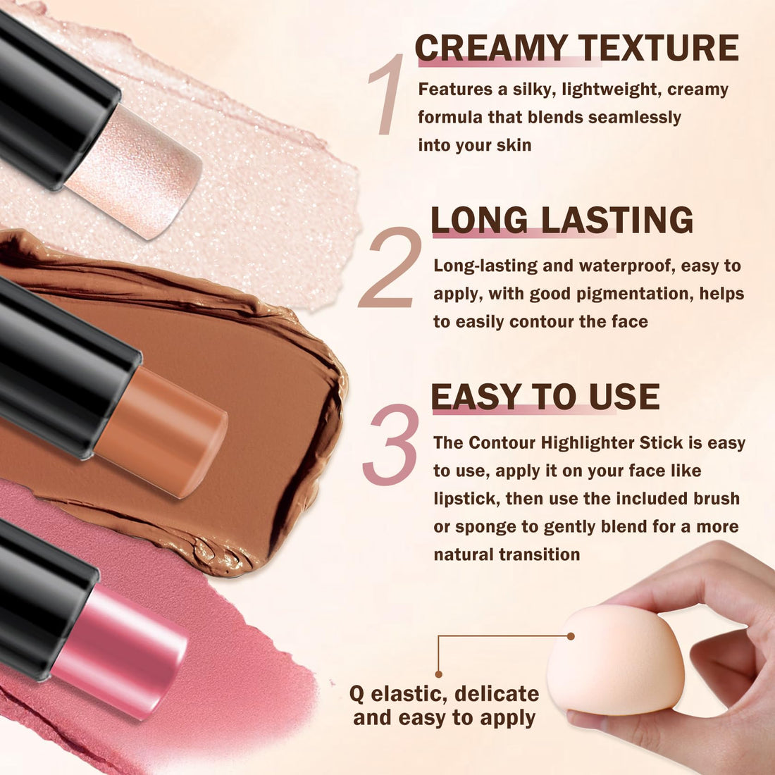 CAHIUYOA 6-Color Cream Contour & Highlighter Makeup Kit, Bronzer & Highlighter Stick for Beginner, Long-Lasting Waterproof Face Makeup