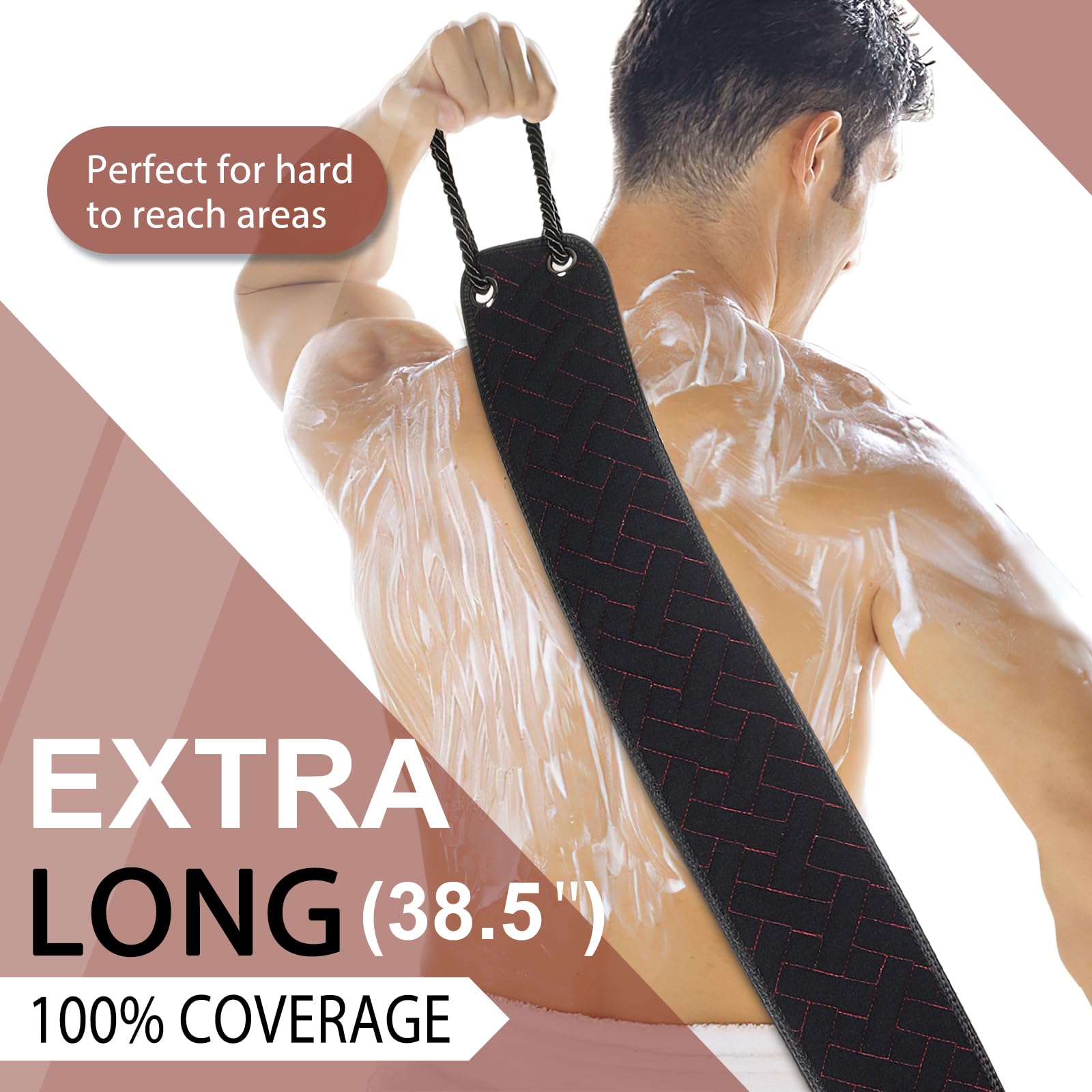 Exfoliating Back Scrubber with Upgraded Handles, 38.5 Inch Double-Sided Body Scrub Bath Exfoliator, Exfoliating Washcloth for Use in Shower, Back Washer to Deep Clean Your Skin for Men & Women (Black)