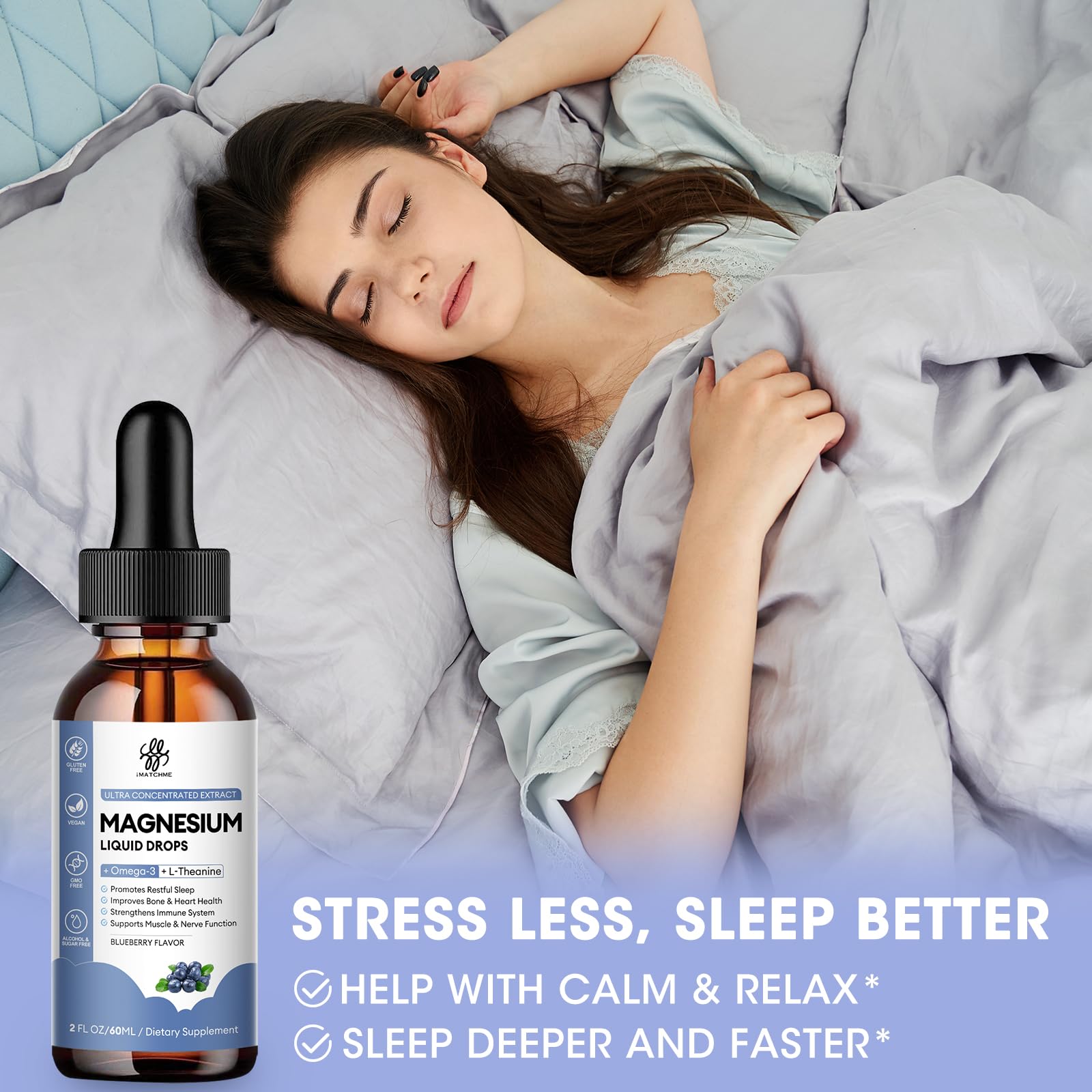 iMATCHME Magnesium Glycinate Liquid, Magnesium Complex Supplement with Omega3, L-Theanine and Vitamin for Calm, Sleep Support, Muscle Relief, Non GMO, Blueberry Flavor, 2 Fl Oz