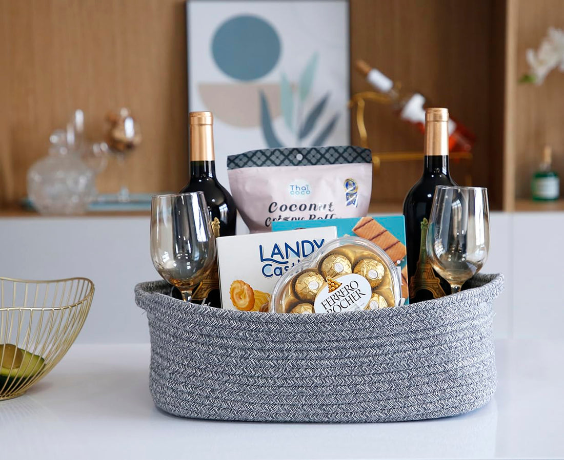 Woven Cotton Rope Storage Basket, Cube Changing Table Organizer for Closet Towels, Baby Nursery Bin, Small Dog Cat Toy Box, Gift Baskets empty (14.5x 11x 5) by CIKI HOME