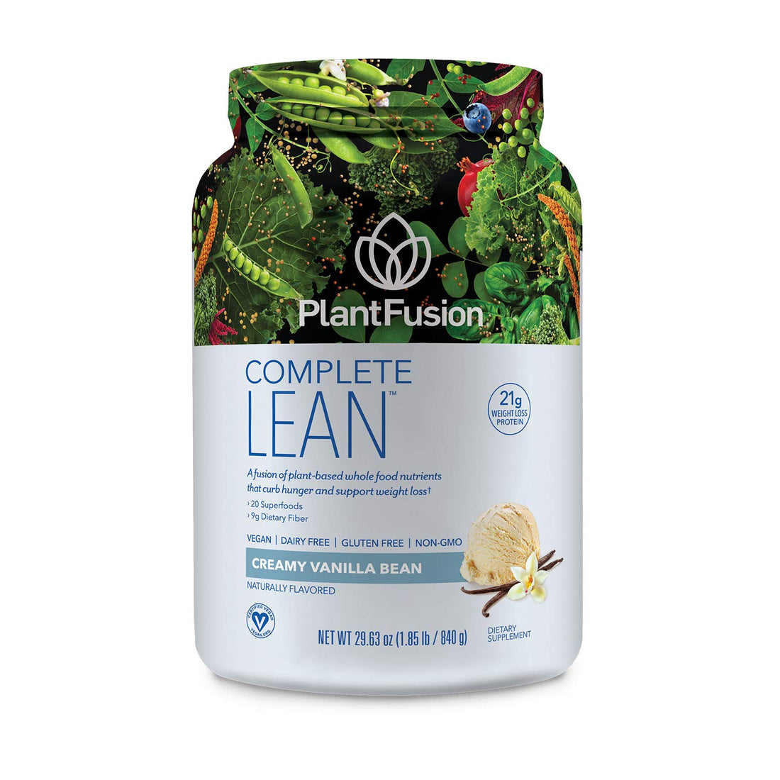 PlantFusion Complete Lean Plant Based Protein Powder - Prebiotic Fiber, Superfoods & Digestive Enzymes - Vegan, Gluten Free, Soy Free, Non-GMO - Vanilla 1.85 lb