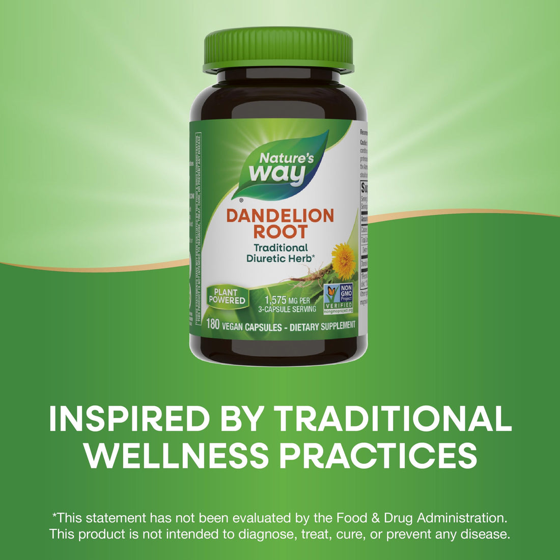 Nature's Way Dandelion Root, Traditional Diuretic Herb*, Traditionally used to Soothe Digestive Upset*, Vegan, 180 Capsules (Packaging May Vary)