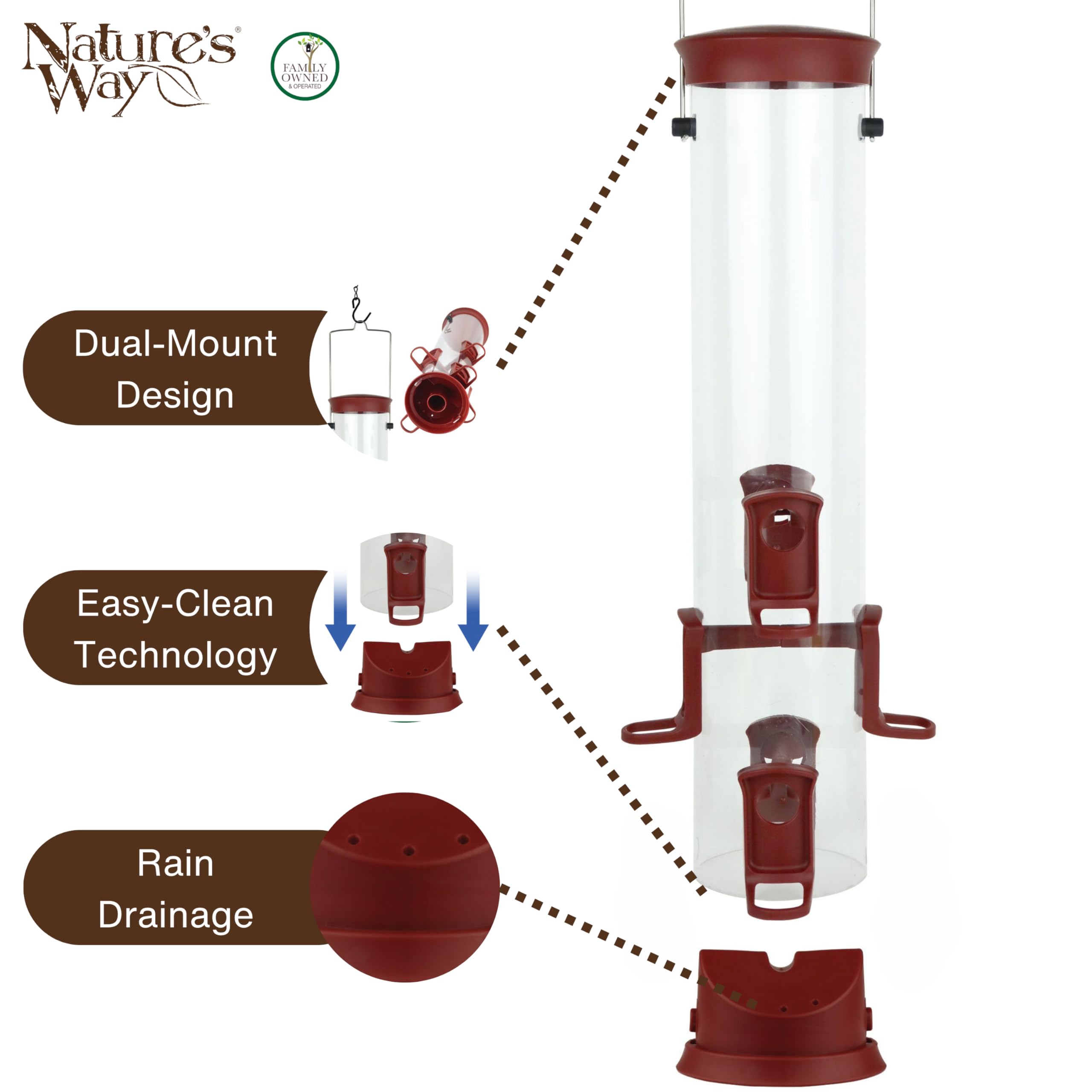 Nature's Way Large Plastic Seed Tube Bird Feeder for Wild Birds and Outdoor Décor, 2.1 Quart Capacity, Six Ports, Easy-Clean Design, Red