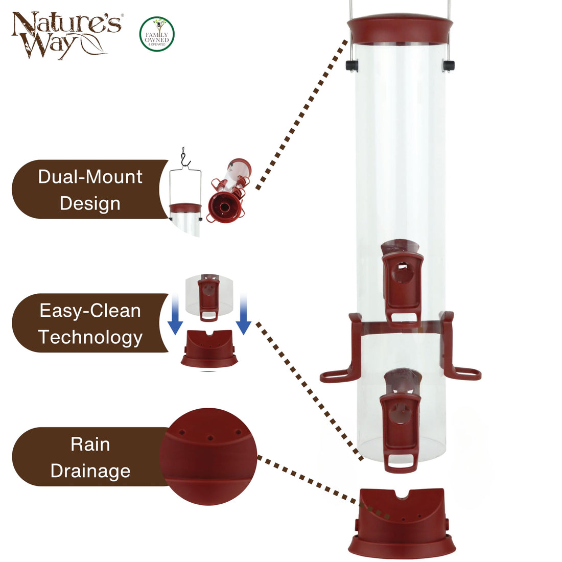 Nature's Way Large Plastic Seed Tube Bird Feeder for Wild Birds and Outdoor Décor, 2.1 Quart Capacity, Six Ports, Easy-Clean Design, Red