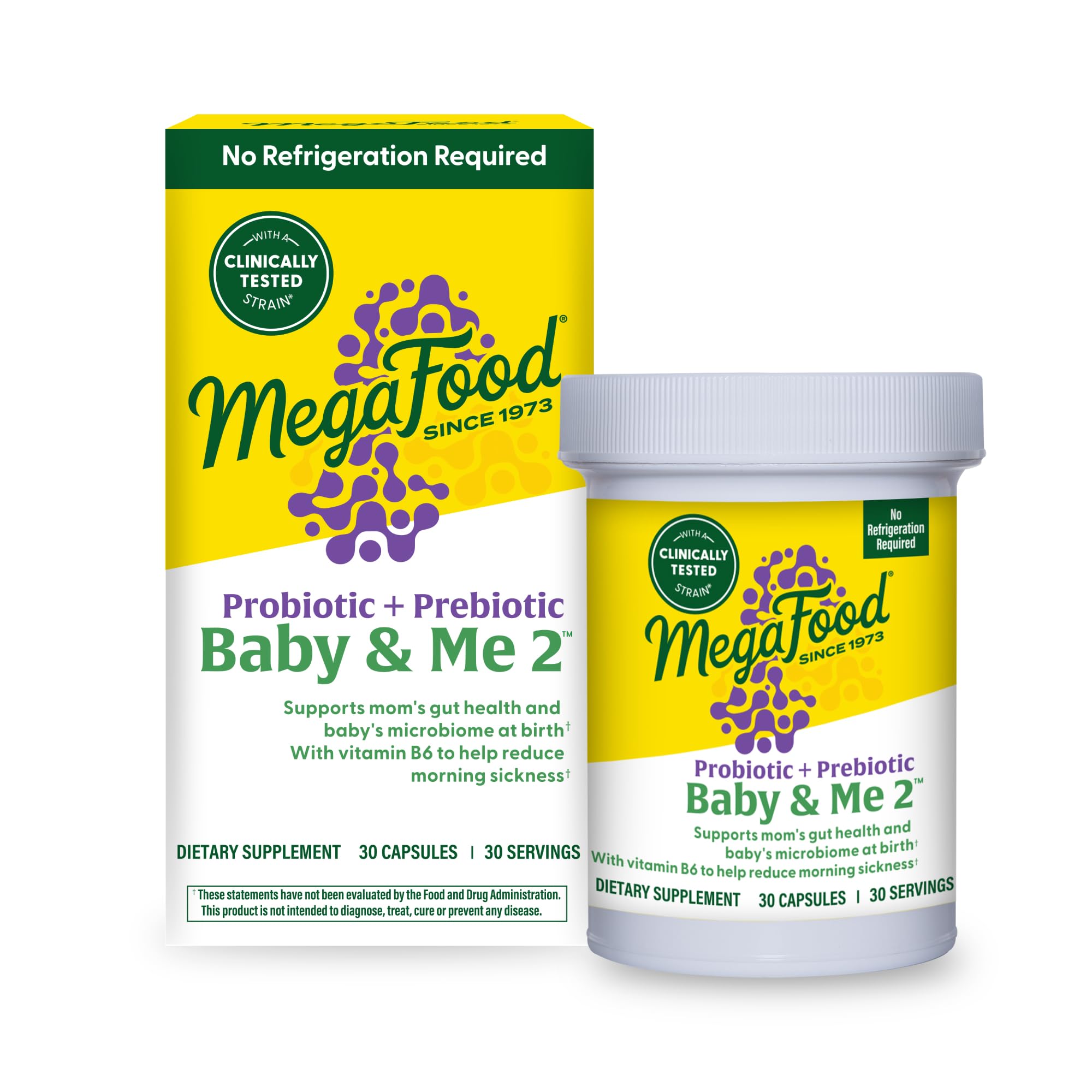 MegaFood Baby & Me 2 Prenatal Probiotic - Vegetarian Pregnancy Prebiotics and Probiotics for Women, Digestive Health & Immune Support with Vitamin B6 for Morning Sickness Relief - 30 Capsules