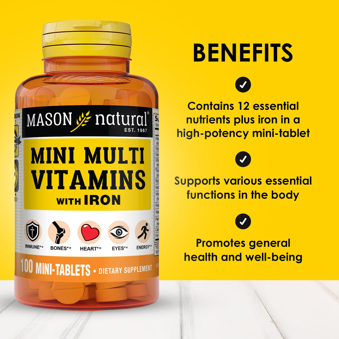 MASON NATURAL Daily Mini Multi Vitamins with Iron, Vitamins A, C, D, E, B1, B2, B3, B6, B12, Folate & Calcium, 100 Day Supply per Bottle (3-Pack)