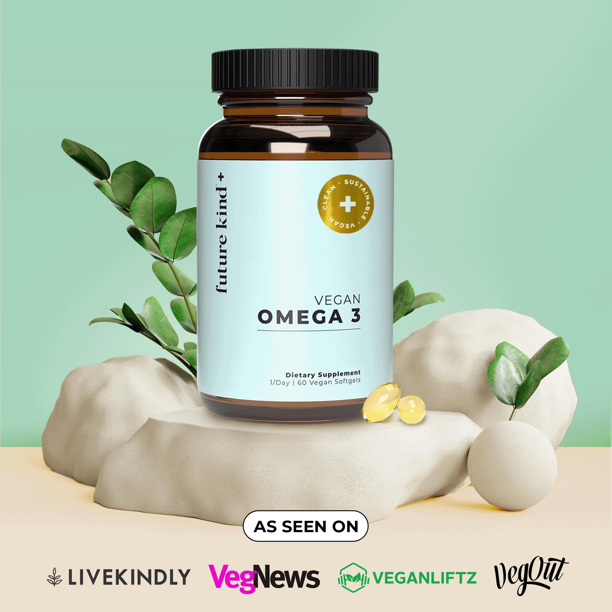 Future Kind Vegan Omega 3 Supplement - Glass Bottle, Carrageenan-Free Algae, DHA & EPA for Joint & Mood Support - 2 Month Supply for Kids & Adults