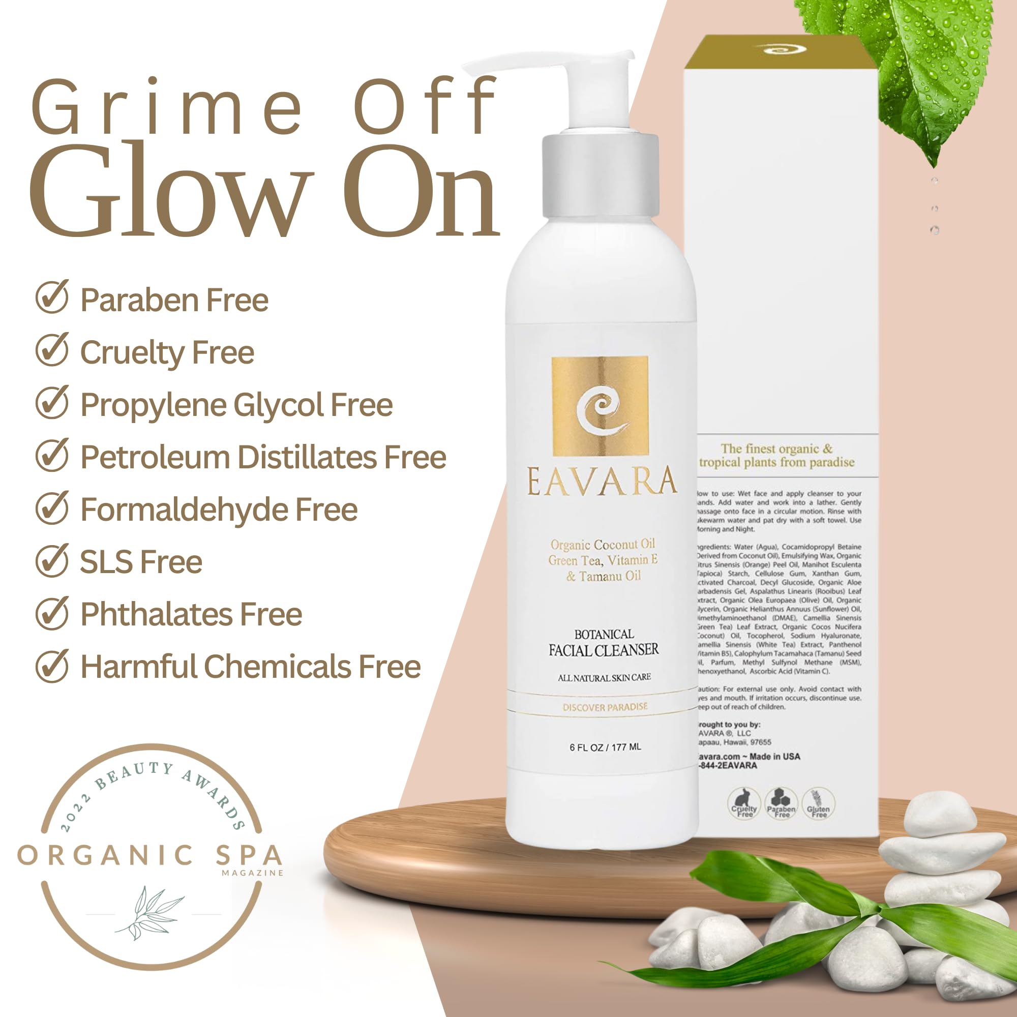 Eavara's Anti-Aging Botanical Facial Cleanser | Natural Skin Care | Organic Green Tea | Organic Tamanu Oil | Vitamin E | Organic Coconut Oil