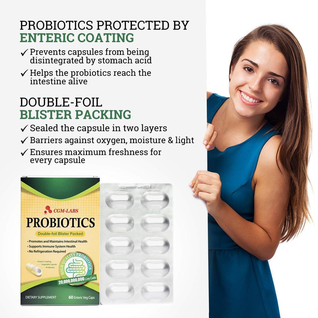Probiotics, 20 Billion Live Cells, Premium Enteric Coated Veg Caps for Women, Men. Dietary Supplement - 60 Veg caps by CGM Labs