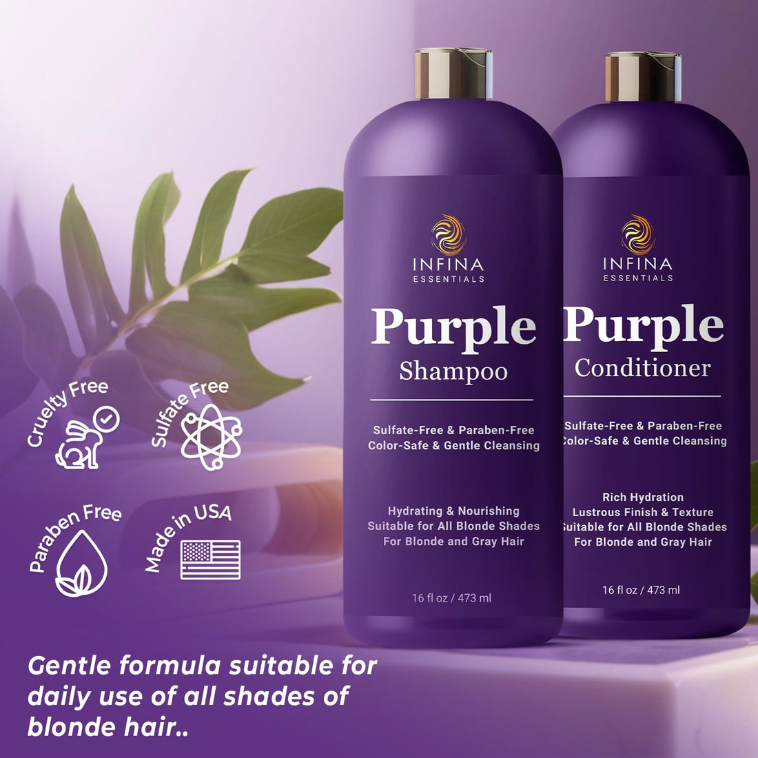 INFINA ESSENTIALS Purple Shampoo and Conditioner Set - Sulfate Free, Enriched with Coconut Oil & Aloe Vera, Ideal for Blonde, Gray, Brassy & Color Treated Hair, Nourishes & Hydrates - 16 fl oz each