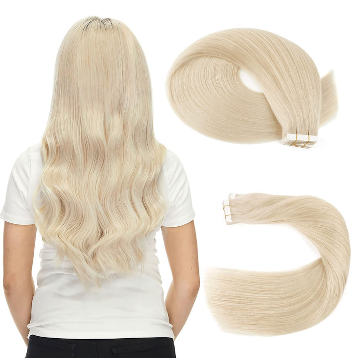 Sassina Seamless Skin Weft With Double Side Glue in Tape on Human Hair Extensions Color #60 Platinum Ash Blonde 20Pcs 50g/set (60# 14) : 14 inch, Platinum Ash Blonde