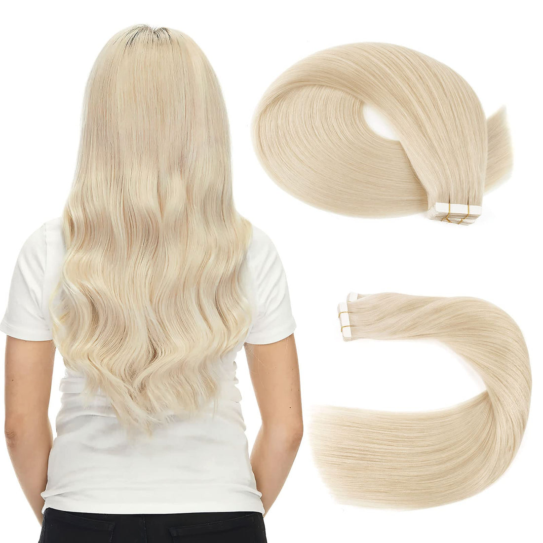 Sassina 8A Grade 20inch Platinum Ash Blonde Color Tape in Hair Extension With Double Side Seamless Reusable Glue in Skin Weft 20Pcs 50g/set (60# 20) : 20 inch, Platinum Ash Blonde