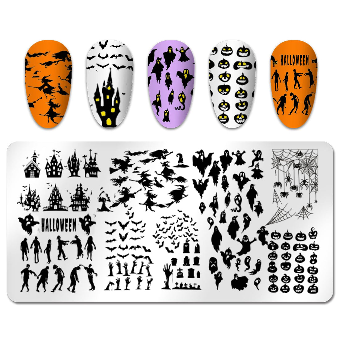 SILPECWEE 6pcs Nail Stamping Plate Halloween Pumpkin Bats Flame Nail Stamp Nail Stencils Stamping Plates For Nails DIY Nail Accessories