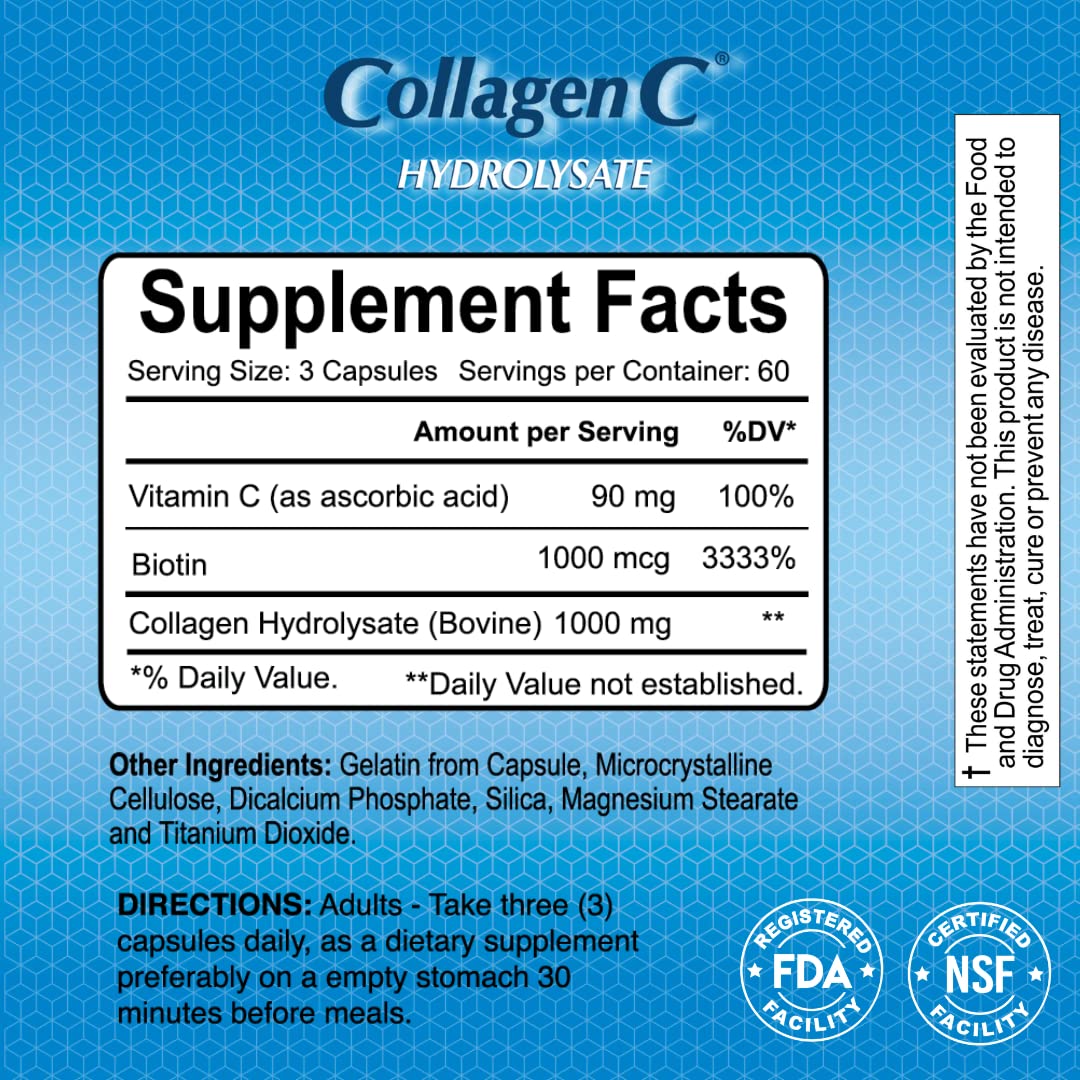 CollagenC - Collagen Hydrolysate Capsules with Biotin by Alfa Vitamins - Anti-Aging Nutritional Supplement for Skin, Nails & Hair Rejuvenation - Supports Bone & Muscle - Made in USA - 180 Capsules