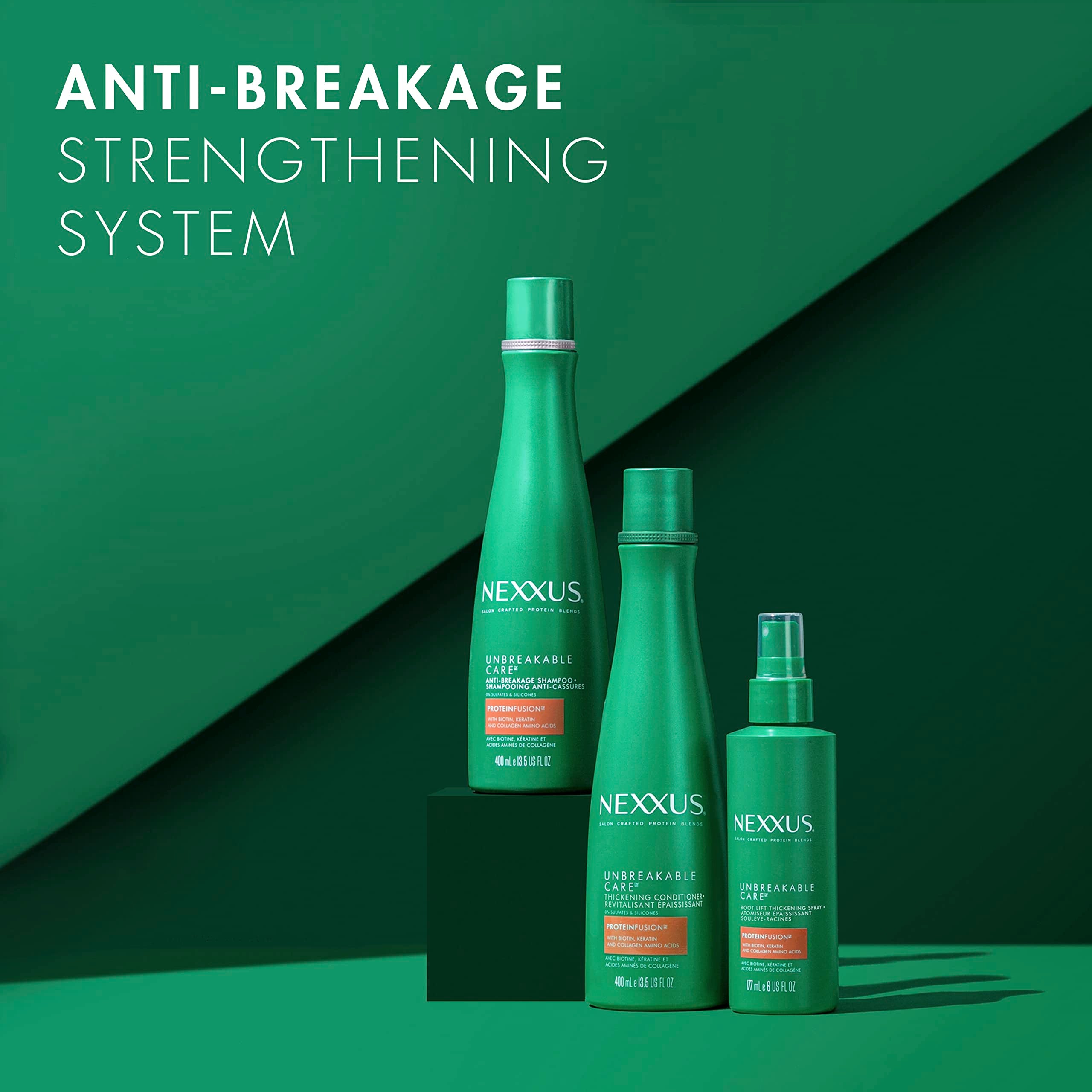 Nexxus Unbreakable Care Shampoo Conditioner and Leave-In Spray 3 Pack For Fine and Thin Hair with Keratin Collagen Biotin 13.5 oz 6 oz