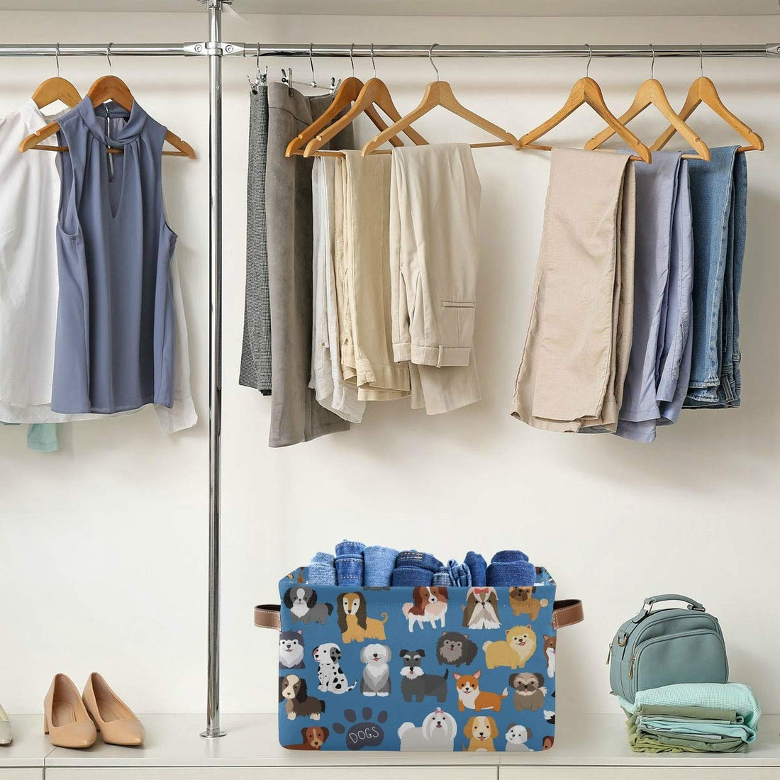 Emelivor Cute Dogs Puppy Storage Bin Collapsible with Handle Rectangle Waterproof Cute Dog Puppy Basket for Storage Cube Closet Organizer for Toy Nursery Book Office Shelf Bathroom