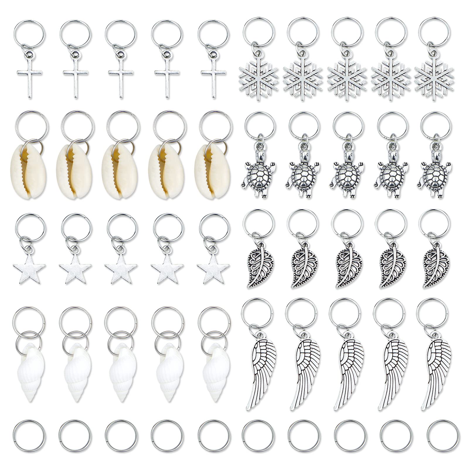 JIALEEY Hair Braid Rings, 50PCS Hair Loops Clips Silver Ring Shell Leaves Star Conch Snowflake Pendant Charms Set Hair Clip Headband Accessories