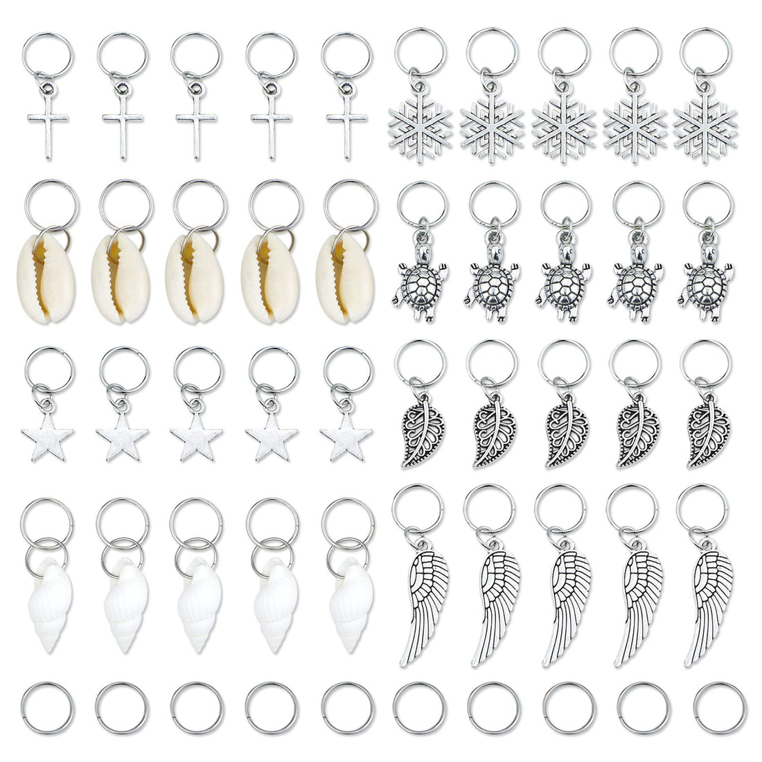 JIALEEY Hair Braid Rings, 50PCS Hair Loops Clips Silver Ring Shell Leaves Star Conch Snowflake Pendant Charms Set Hair Clip Headband Accessories