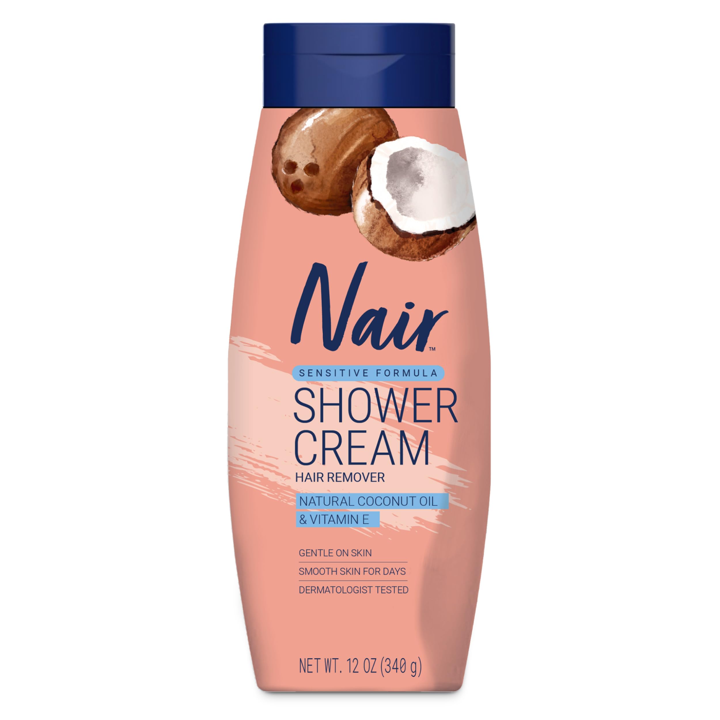 Nair Sensitive Shower Cream Hair Remover with Natural Coconut Oil and Vitamin E, Body Hair Removal Cream, 12 oz
