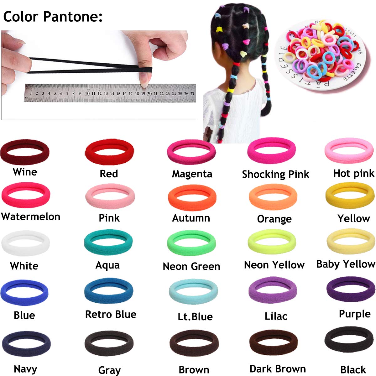 100pcs Solid Colors Seamleass No Crease 4cm Elastic Hair Ties Pigtail Ties HairBands Ponytail Holders Hair Ropes Hair Accessories for Baby Girls Toddlers Kids and Children