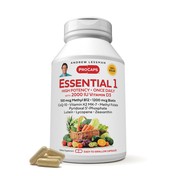ANDREW LESSMAN Essential-1 Multivitamin 2000 IU Vitamin D3 60 Small Capsules - 100 mcg Methyl B12. CoQ10 Lutein Lycopene Zeaxanthin. High Potency. No Additives. Ultra-Mild. One Daily Capsule