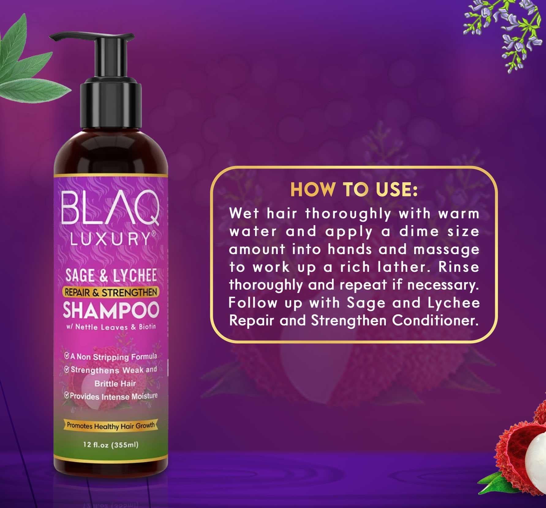 Blaq Luxury Sage & Lychee Repair and Strengthen Shampoo - Infused with Biotin and Nettle - Sulfate-Free Formula for All Hair Types - Promotes Hair Repair, Growth, and Scalp Health - 12 fl oz