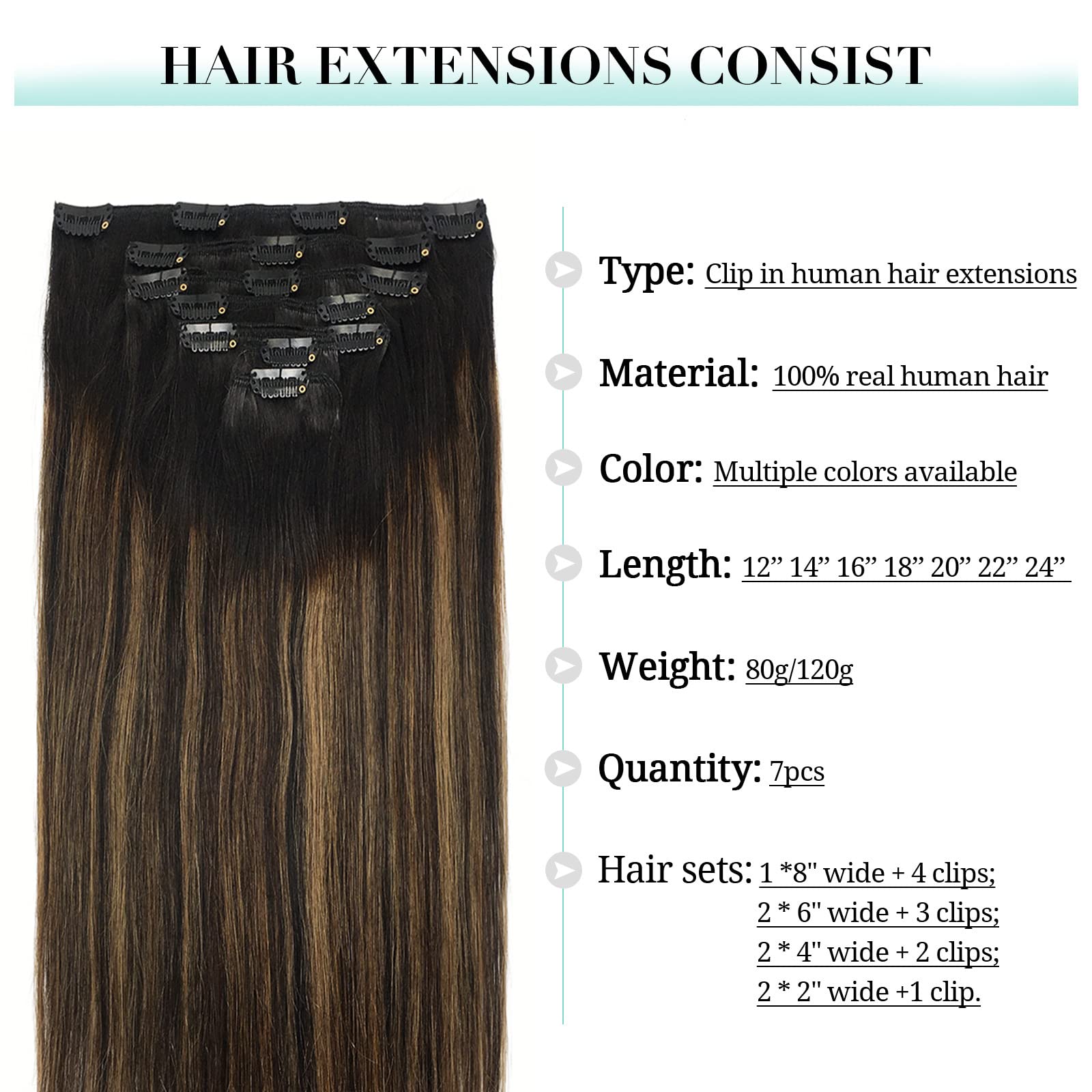 Missstar Hair Misstar 18inch Balayage Remy Clip in Human Hair Extensions Ombre Black to Chesnut Brown 7pcs 120g Clip in Hair Extensions Human Hair 1B/6/1B 120g