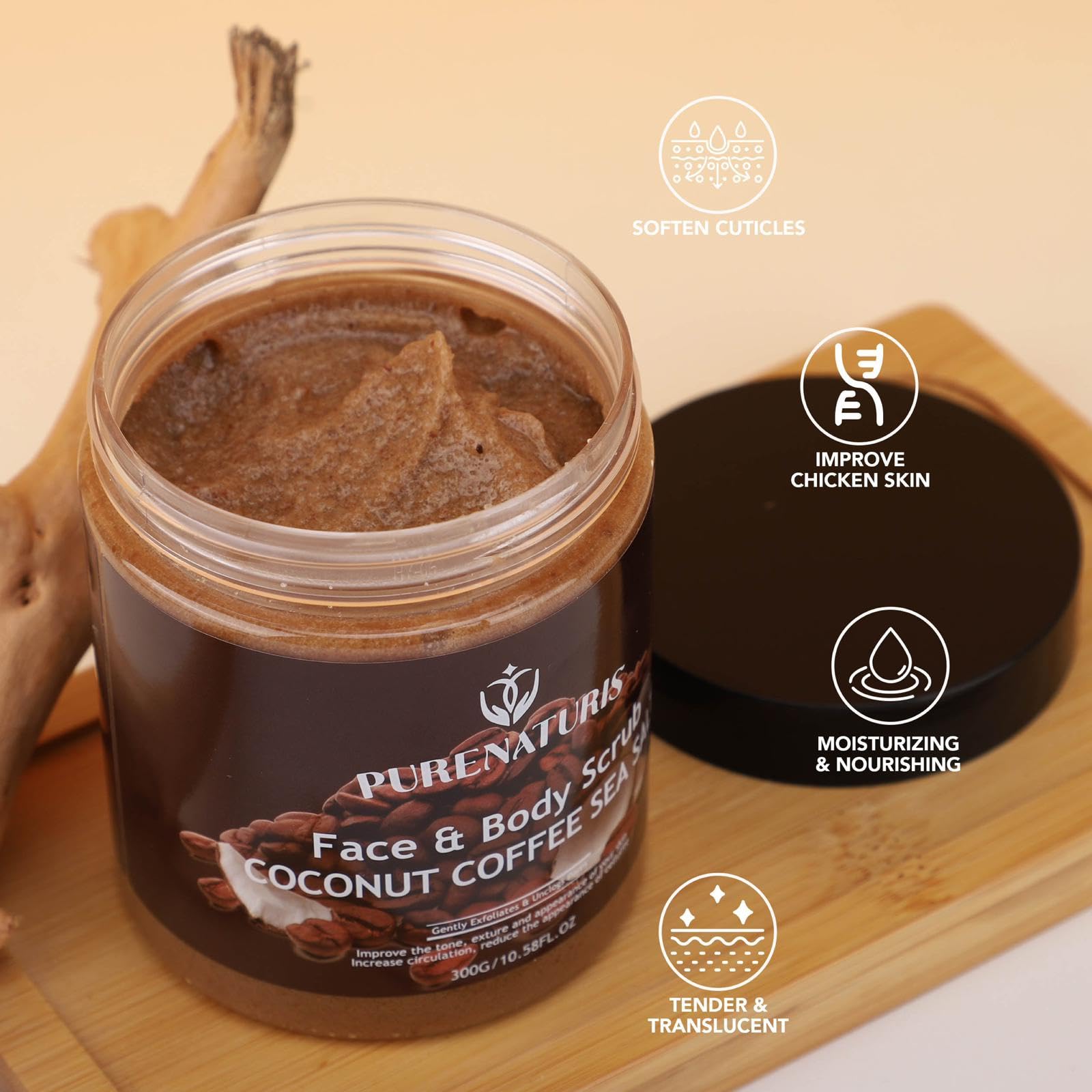 PureNaturis Coconut Coffee Sea Salt Scrub - Exfoliating & Moisturizing Face and Body Scrub with Natural Ingredients, Energizing and Hydrating, 10.58 Ounce