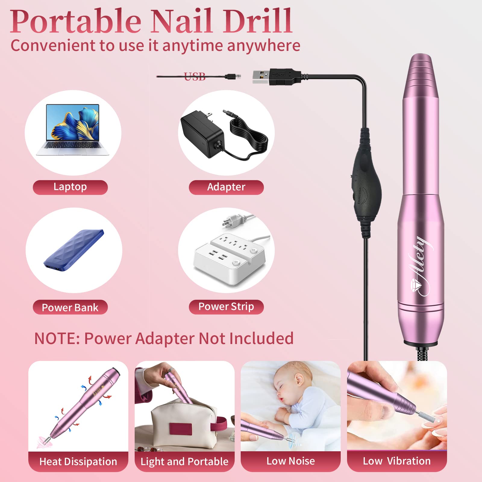 Alety Electric Nail Drill Kit, Portable File for Acrylic Gel Nails, Professional Machine Efile Manicure Pedicure Tools with Iridescent Bits Home Salon Use, Pink