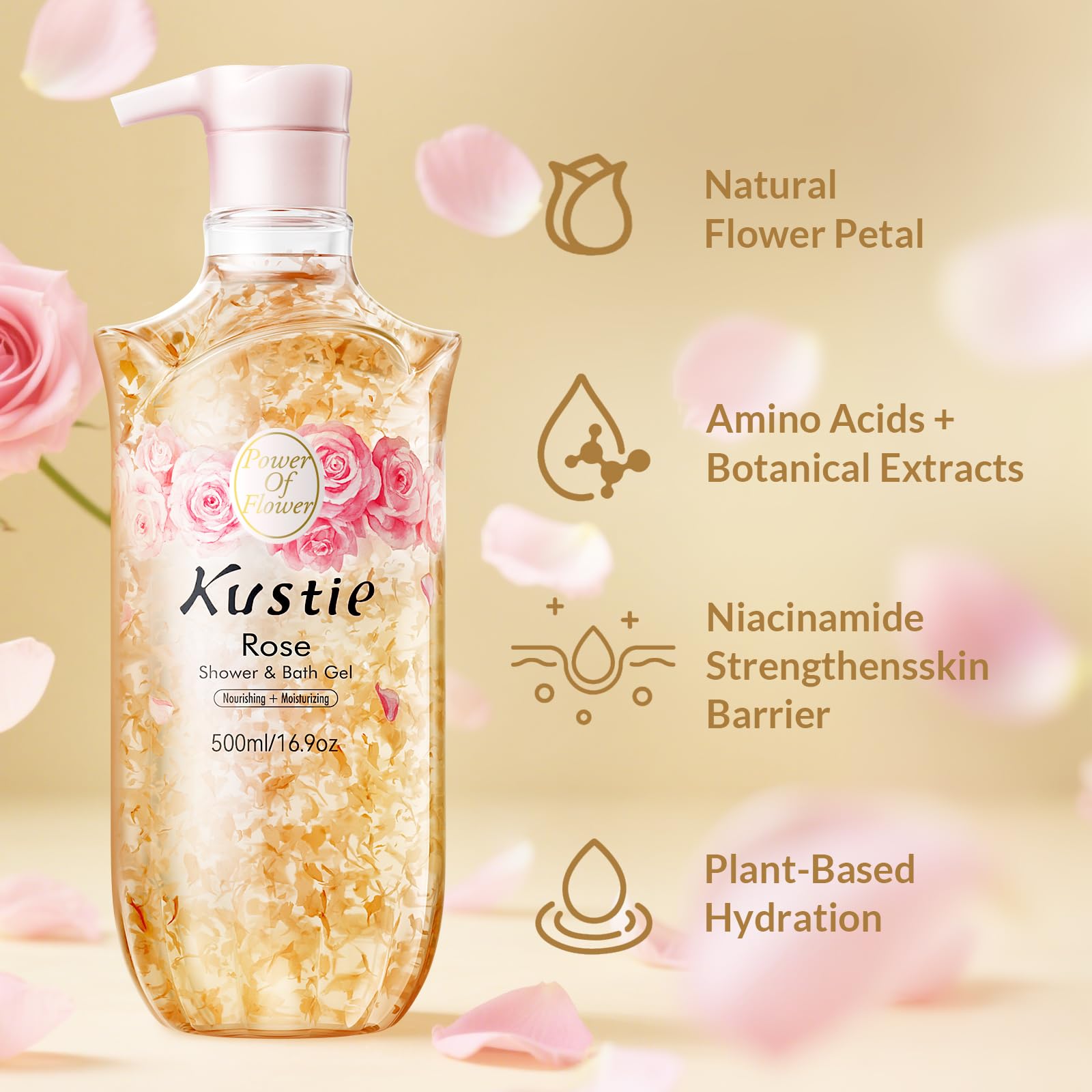 KUSTIE Rose Body Wash for Women & Men, Natural Petals & Essential Oils, 24H Fragrance & Moisturizing Deep Cleanse Shower Gel for Sensitive & Dry Skin with Pump Bottle, 16.9 oz