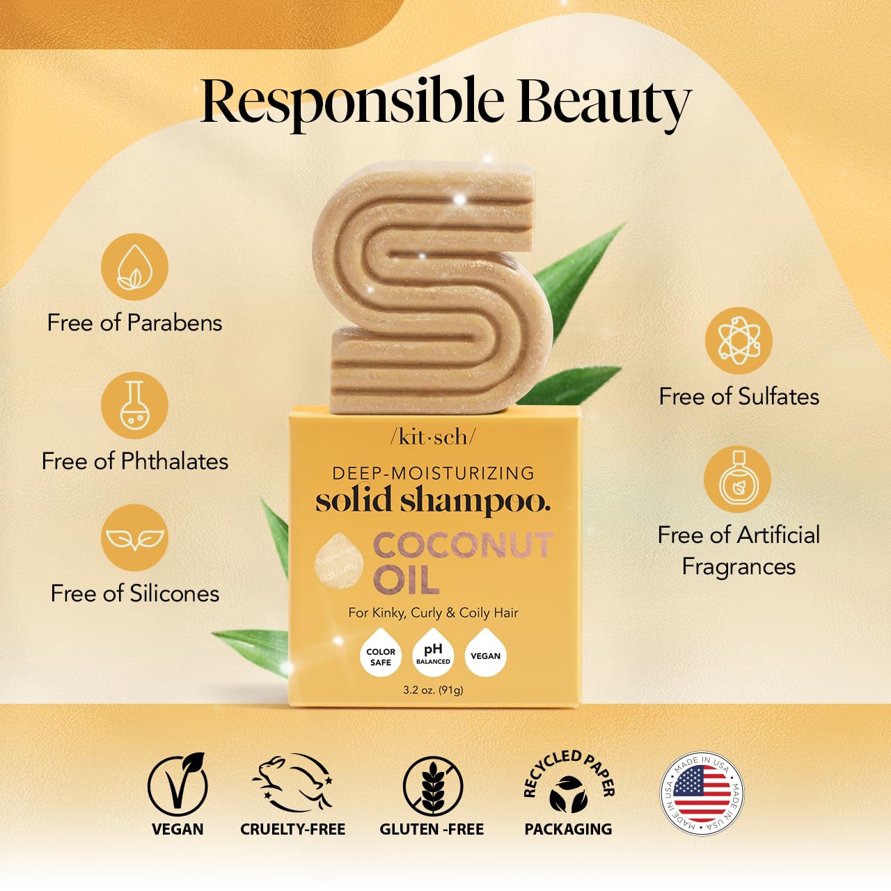 Kitsch Coconut Oil Shampoo Bar, Deep Moisturizing Curly Hair Shampoo, Safe for Color Treated Hair, Paraben & Sulfate Free Formula, Plastic Free, Vegan & Cruelty Free Ingredients for Dry Hair, 3.2 oz