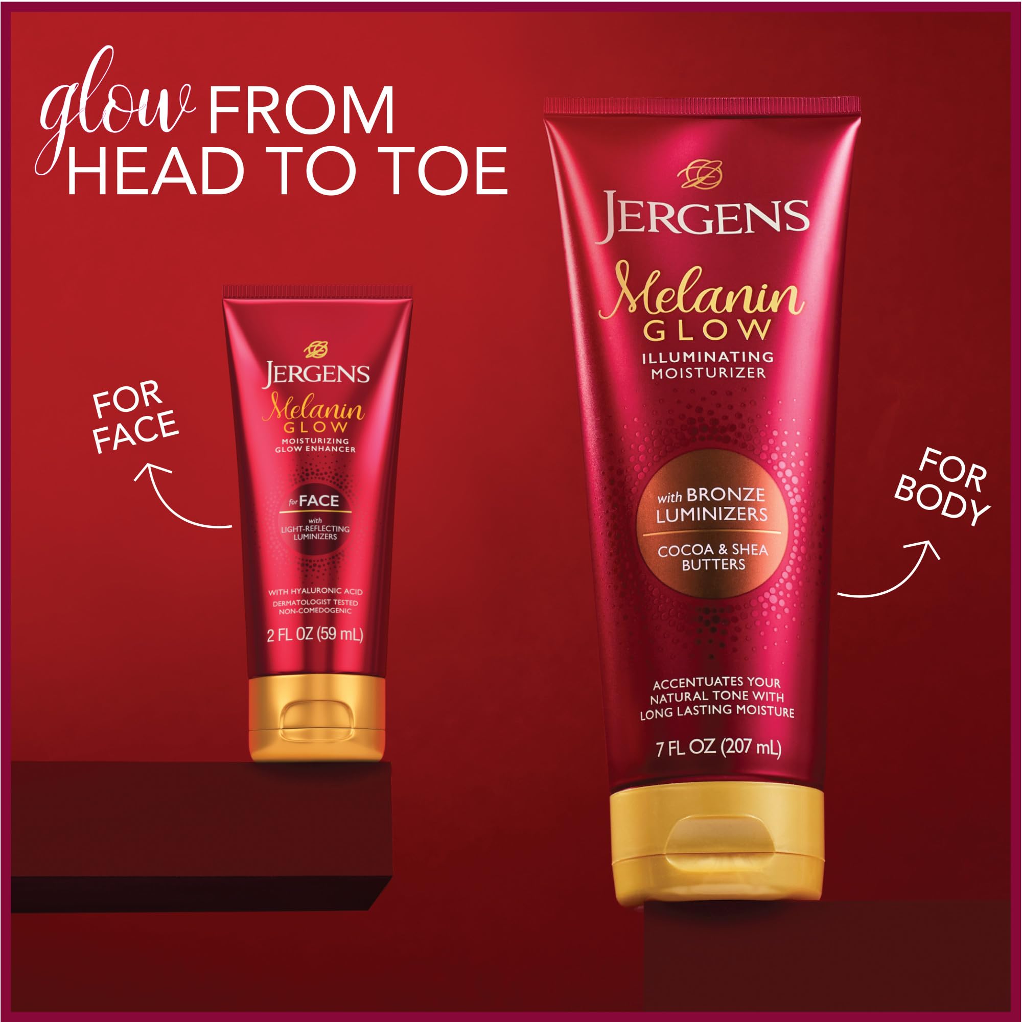 Jergens Melanin Glow Facial Glow Enhancer, Luminizer and Moisturizer with Hyaluronic Acid, Dermatologist-Tested, Non-Comedogenic, 2Oz