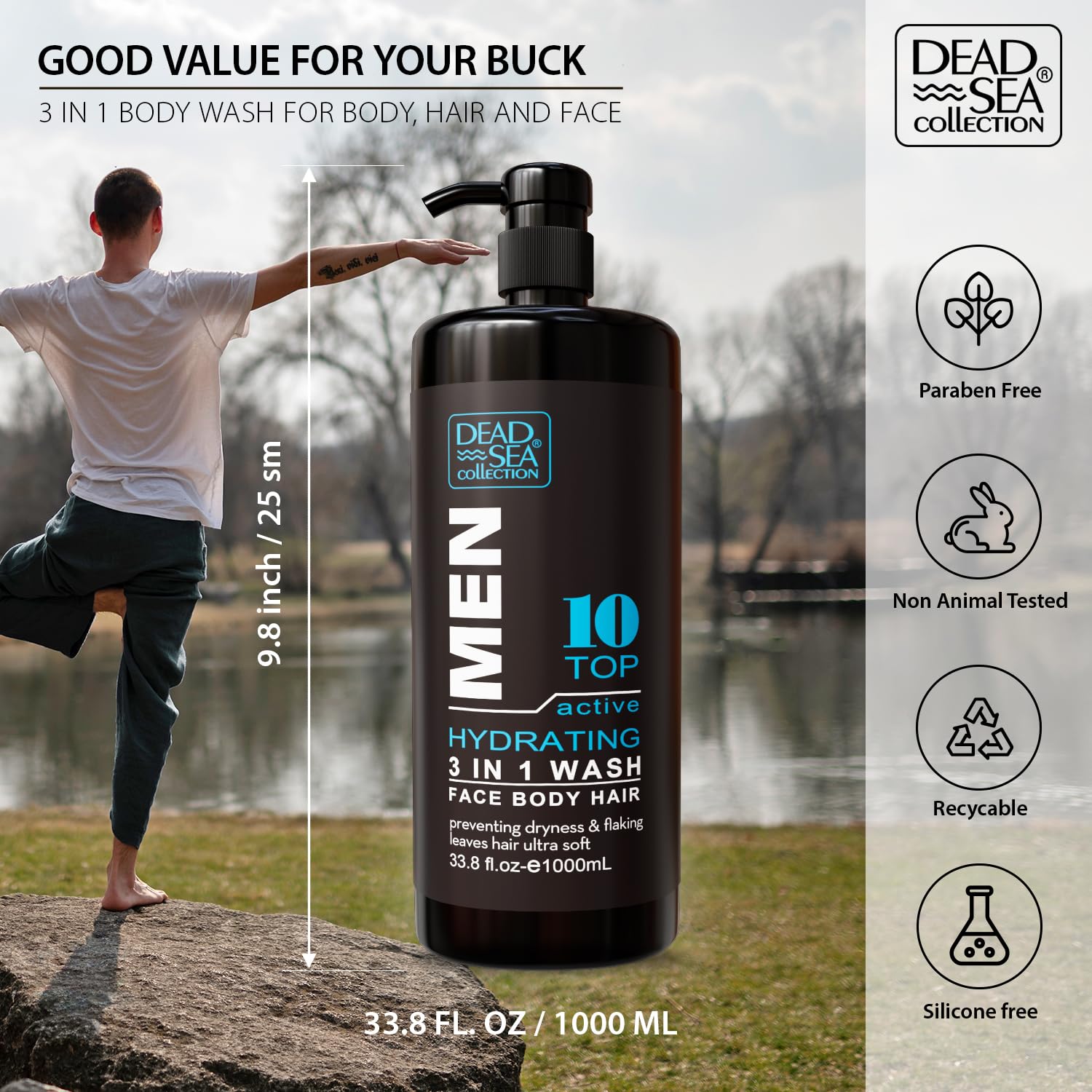 Dead Sea Collection Mens Body Wash 3 in 1 – TOP 10 ACTIVE Body Wash for Men – Shower Gel – Shampoo – Shower Soap for Face and Hair (33.8 Fl. Oz)