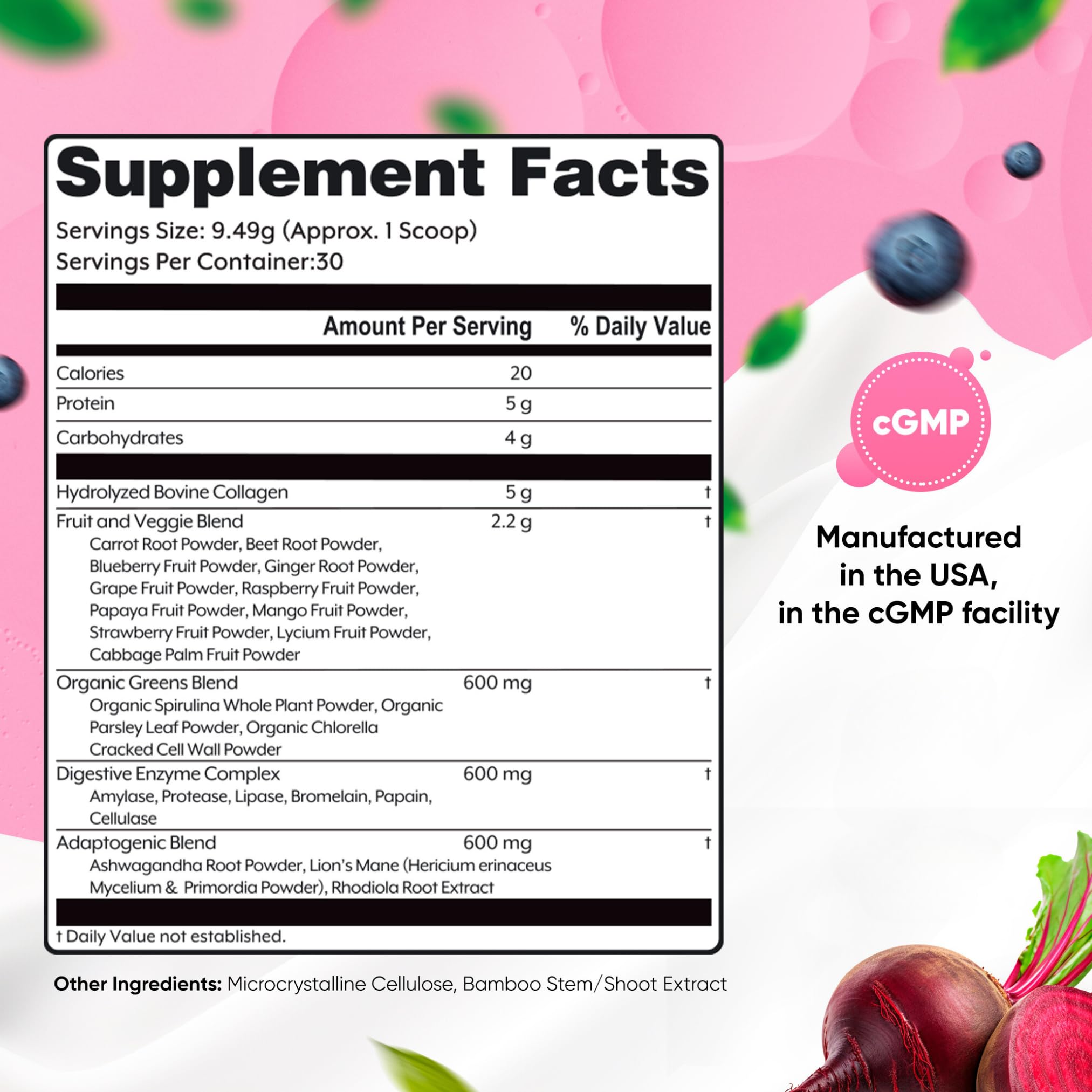 BEAUTY AND CUTIE Collagen Peptides with Superfoods and Digestive Enzymes, Powder, Grass Fed, Pasture Raised, for Hair, Skin, Nails, and Immune System Support, Unflavored, Gluten Free,10.04 oz