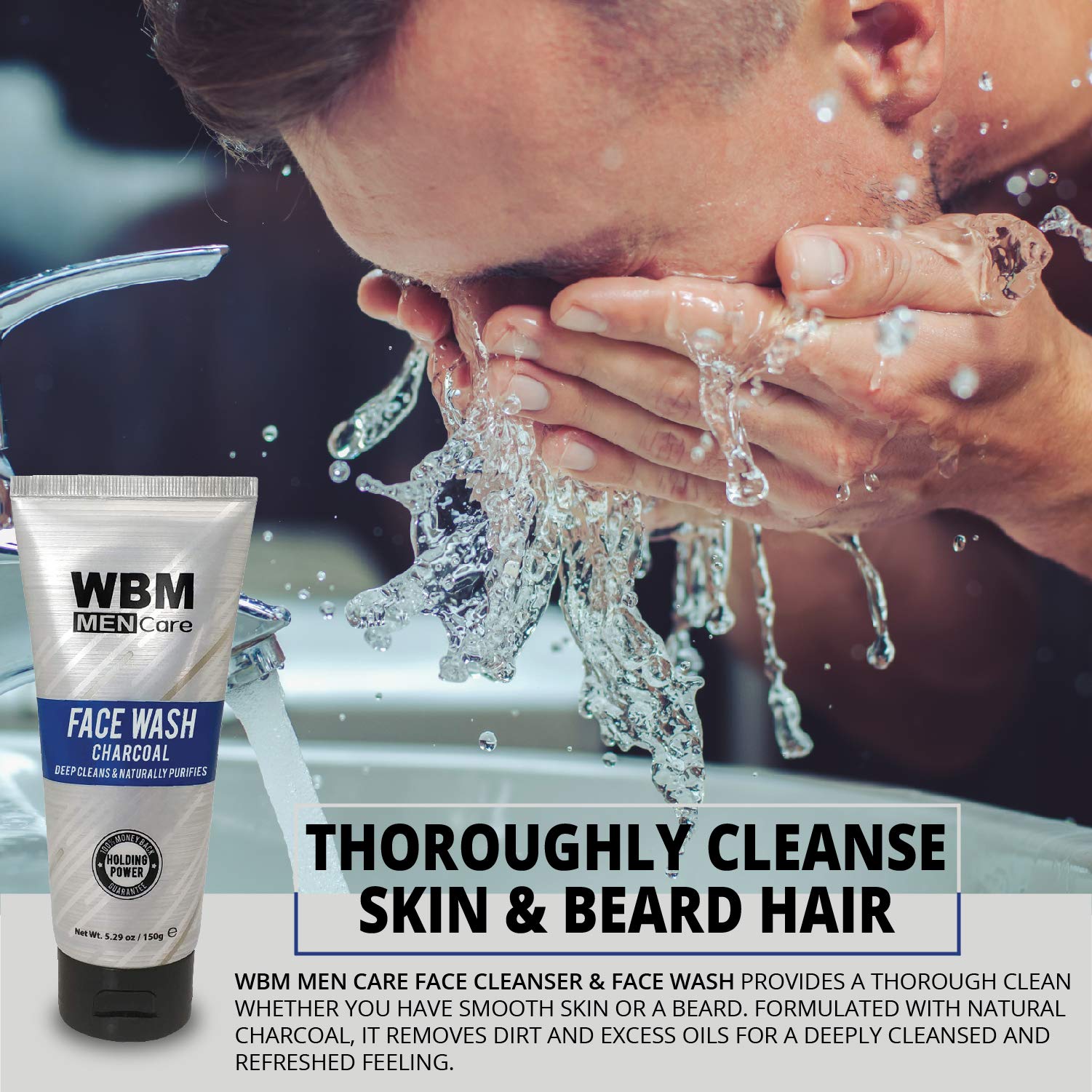 WBM Men Care Deep Cleanse Charcoal Face Wash | Daily Facial Cleanser For All Skin Types | 5.29 Oz
