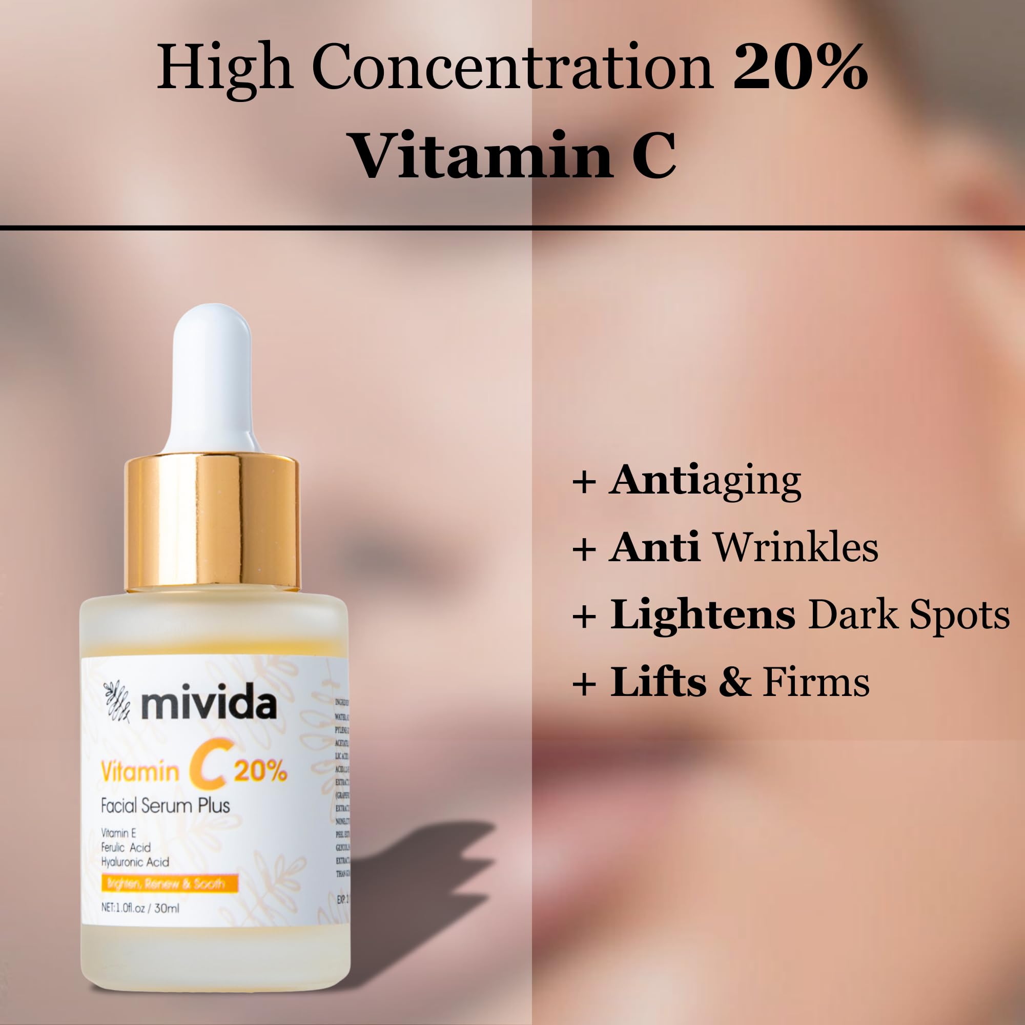 Premium 20% Vitamin C Facial Serum Plus Hyaluronic Acid+Ferulic Acid,+Vitamin E | Anti Aging & Anti-Wrinkle Brightening Serum For Face | Lightweight Maximum Strength Formula 1 fl oz