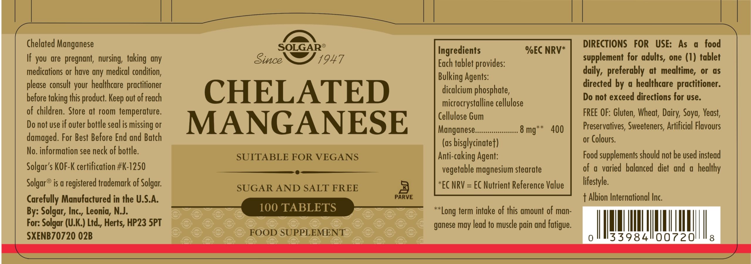 Solgar Chelated Manganese, 100 Tablets - Supports Bone, Joint & Nerve Health - Highly Absorbable - Non-GMO, Vegan, Gluten Free, Dairy Free, Kosher - 100 Servings