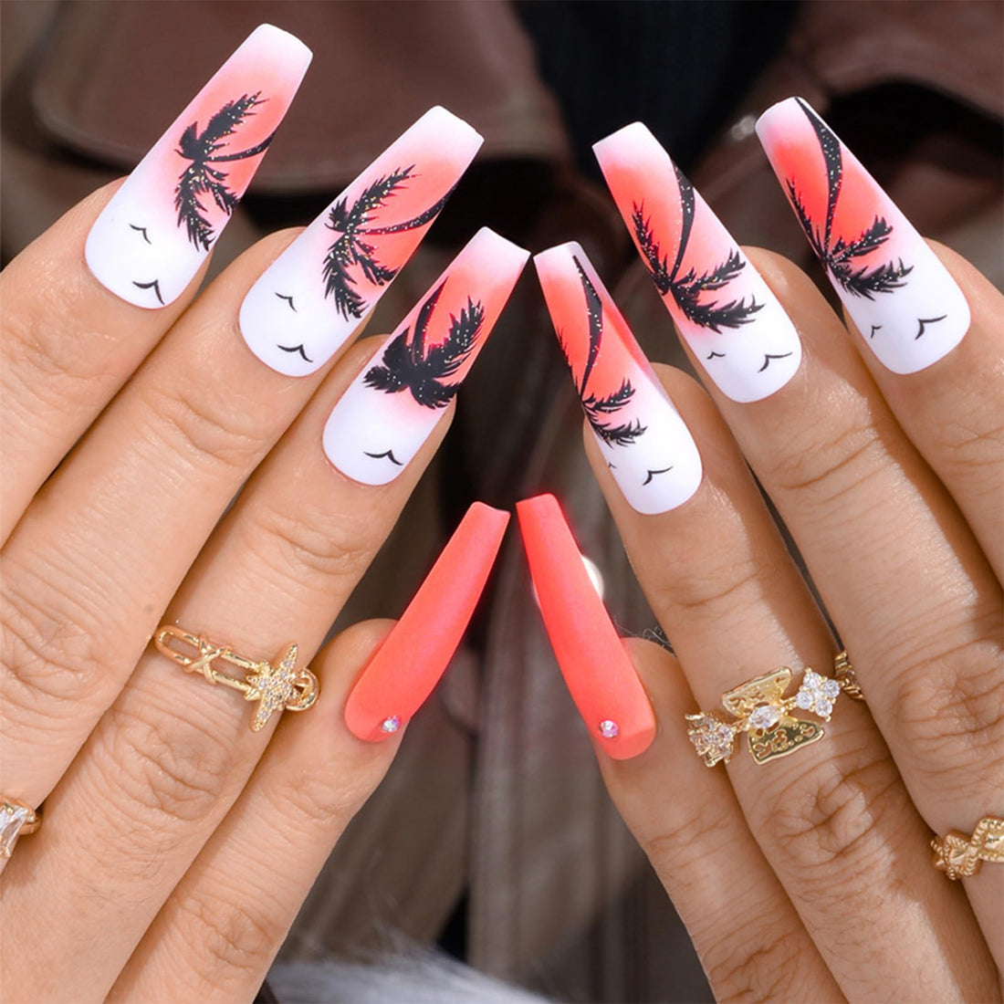 Pink Press on Nails Long Square Coffin Shape Fake Nails with Rhinestone Designs Summer Coconut Tree Pattern Orange Matte Stick on Nails Full Cover Palm Tree Acrylic Nails Glue on Nails for Women 24Pcs