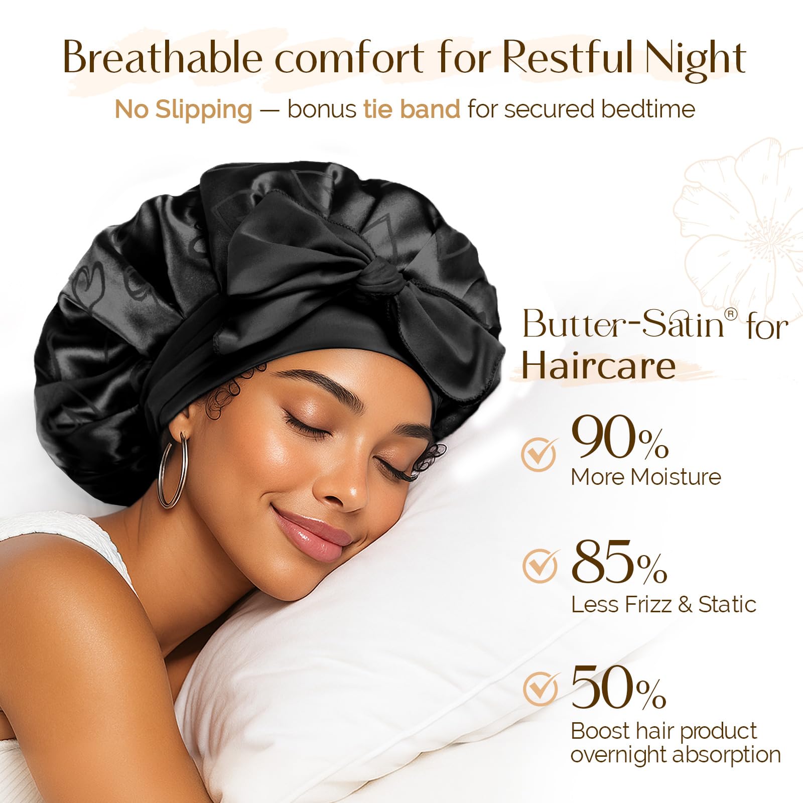 YANIBEST Adjustable Satin Bonnet for Sleeping, Double Layer Silk Bonnet with Tie Band for Women, Sleep Cap Curly Natural Hair, Black