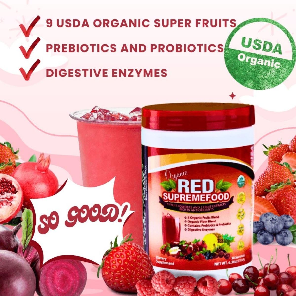 Divine Health Organic Red Supremefood® | 10 Organic Fruits + Probiotics, Enzymes, Herbs, Fiber & Antioxidants | Non-GMO Berry Flavored Blend | (180g) (30 Day Supply)