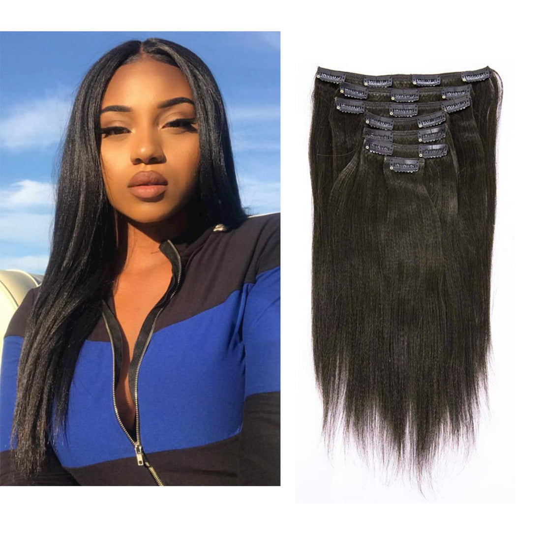 Anrosa Yaki Hair Clip in Yaki Hair Extensions Clip in Human Hair Yaki Hair Clip in Extensions for African American Yaki Straight Clip ins Natural Hair Thick Volume Natural Black 1B 18 inch 120 Gram